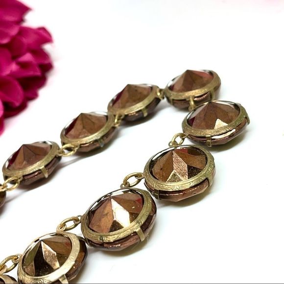 VINTAGE⚜️RETRO Chocolate Crystal Golden Link Necklace - Picture 8 of 9